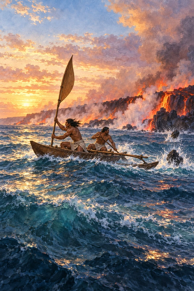Kahawali y su compañero escapan en canoa usando una lanza ancha como vela ante la costa incendiada.