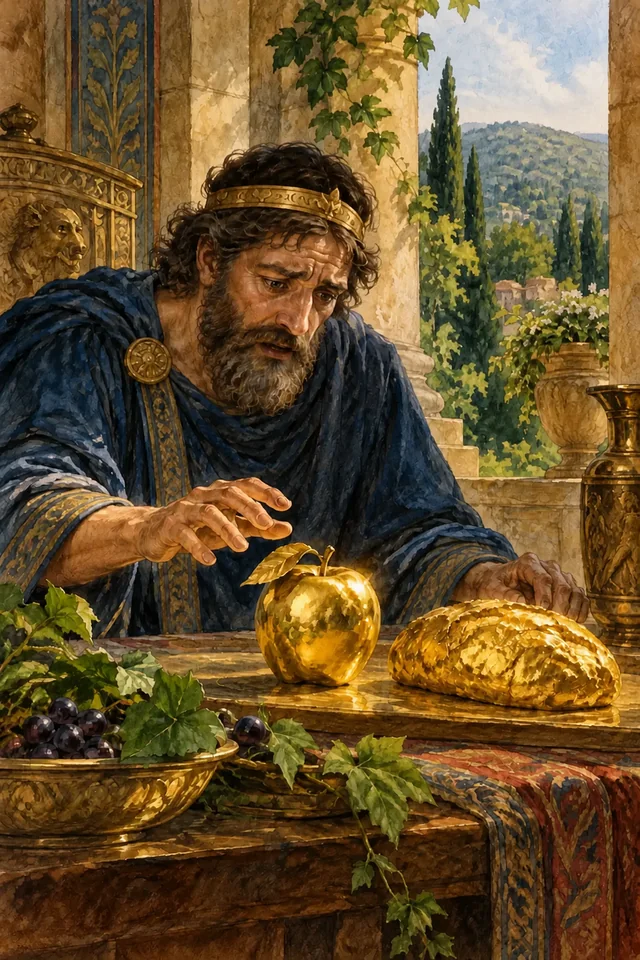 El rey Midas contempla una manzana y un pan convertidos en oro.