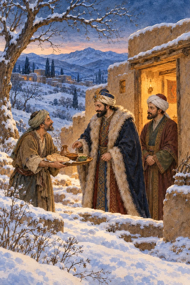 Un campesino ofrece comida al rey junto a la puerta de su casa en invierno.