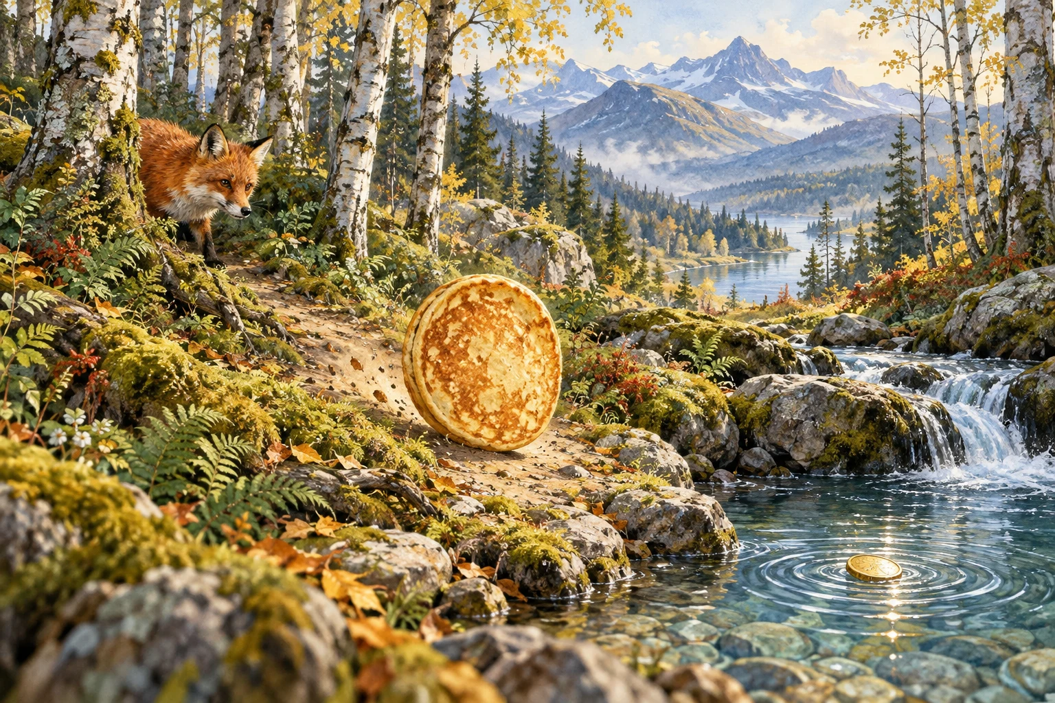 Un panqueque rueda por un sendero de abedules, observado por un zorro, mientras una moneda flota en el arroyo.
