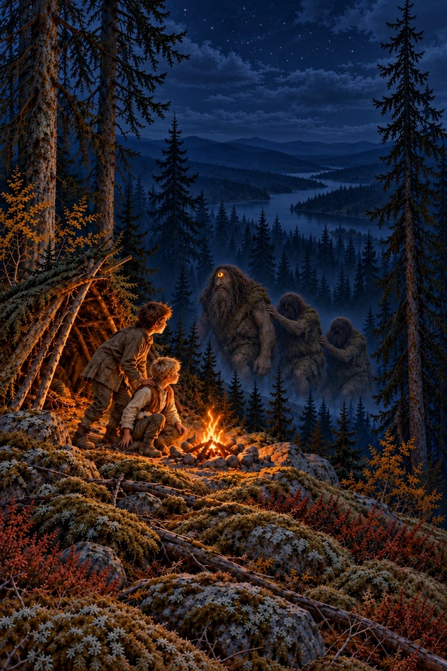 Dos hermanos junto al fuego observan a tres trolls entre los abetos de noche; el primero tiene un ojo luminoso en la frente.