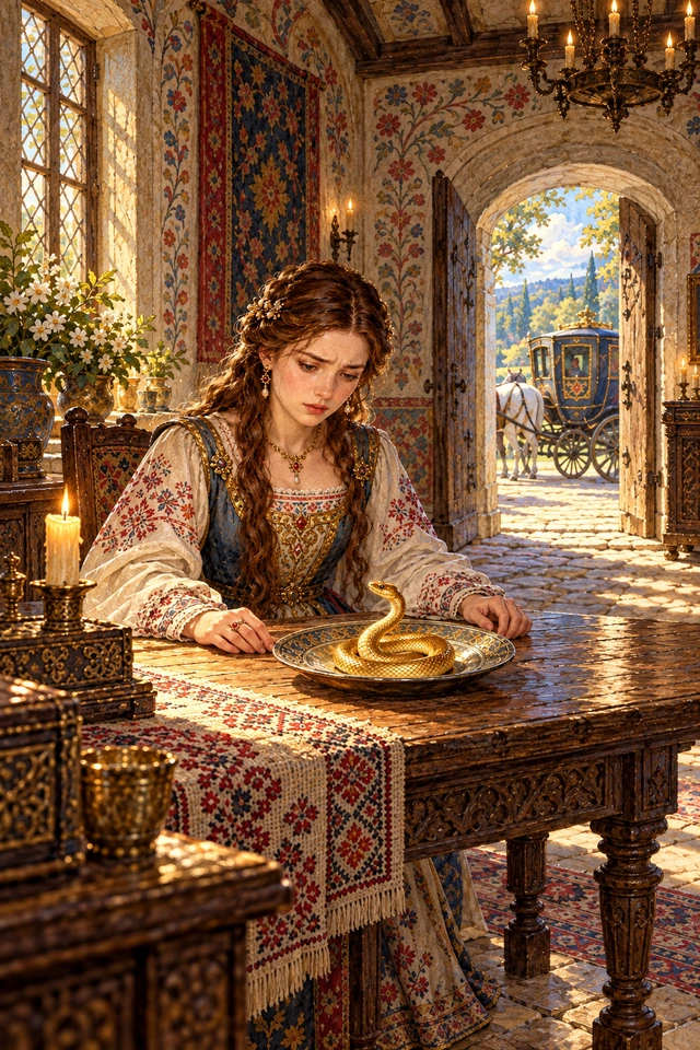 La princesa mira preocupada a una serpiente dorada en un plato mientras un carruaje espera afuera.