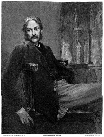 Andrew Lang sentado junto a una mesa, con bigote y traje oscuro, en un grabado publicado en 1894.