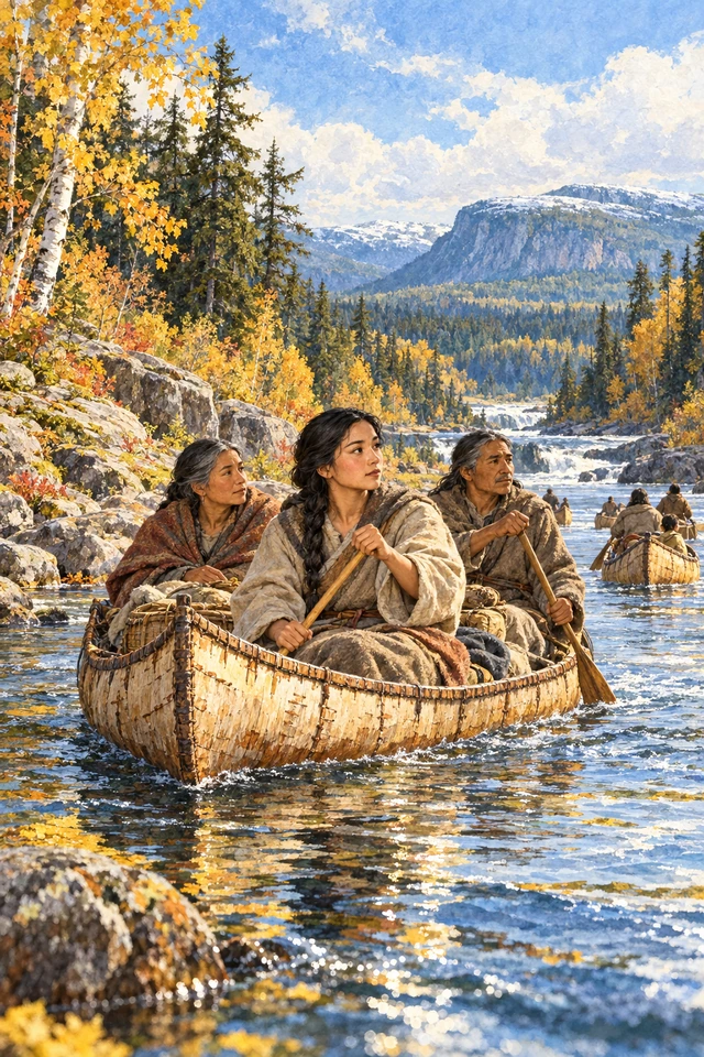 Una joven y su familia remontan en canoa un río del norte entre abedules otoñales y montañas nevadas.