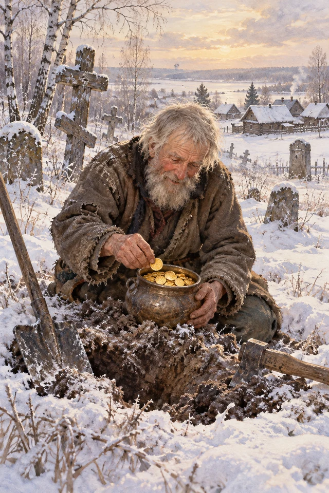 Un anciano encuentra una vasija de monedas de oro al cavar en la tierra helada.