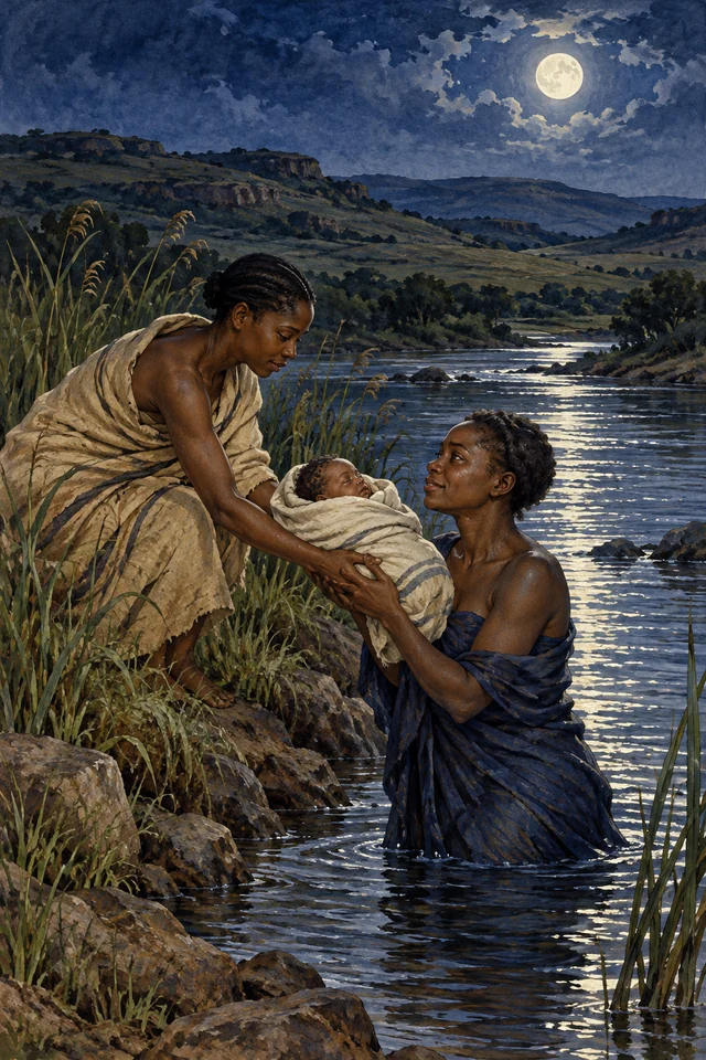 Tangalimlibo recibe a su bebé de manos de la cuidadora a la orilla del río iluminado por la luna.