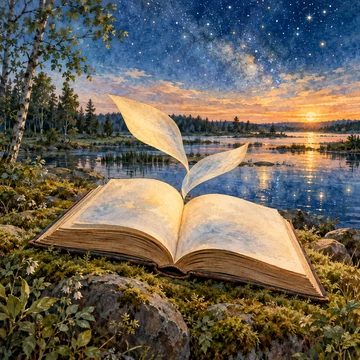 Ilustración simbólica: Un libro abierto y dos hojas sueltas junto a un lago que refleja las estrellas.