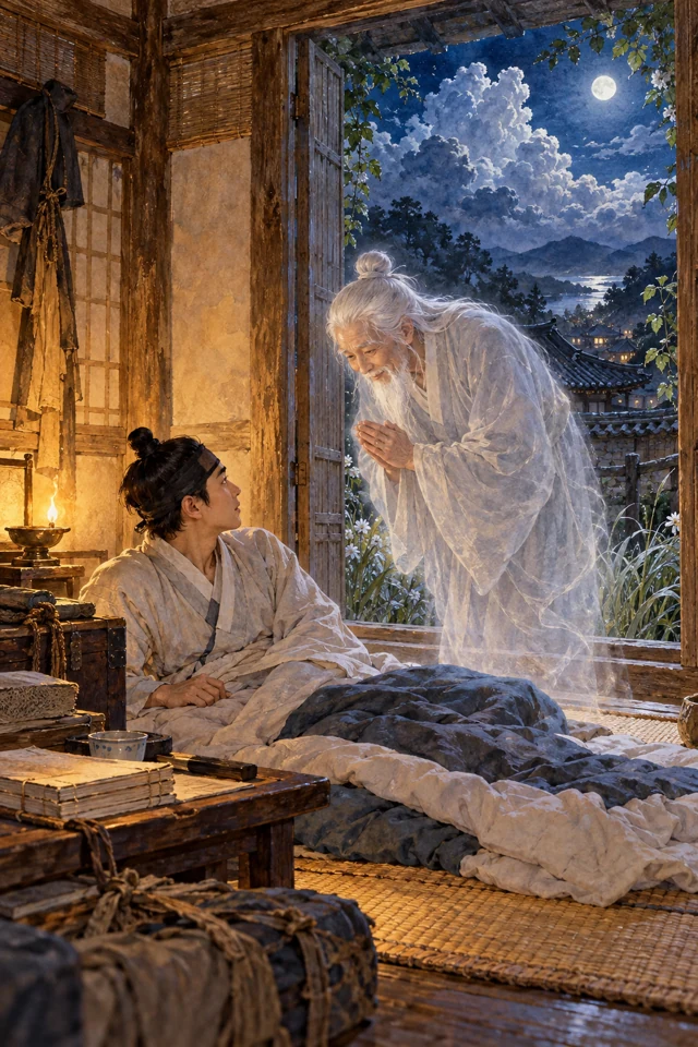 Un anciano de cabello blanco se inclina ante el estudiante durante un sueño, bajo un cielo de nubes estivales.