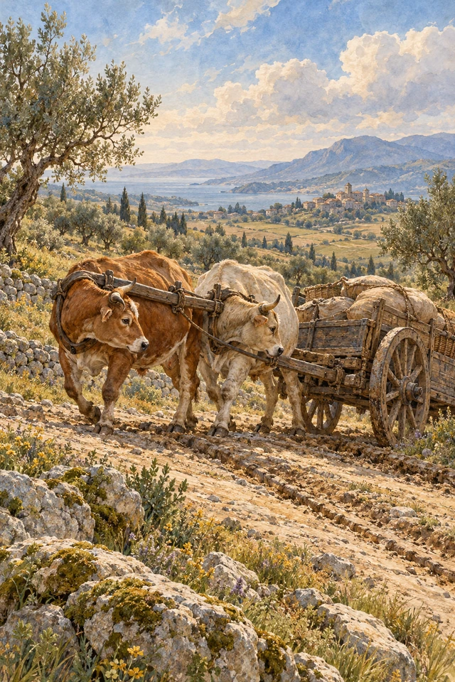 Dos bueyes arrastran un carro de madera cargado por un camino rural.