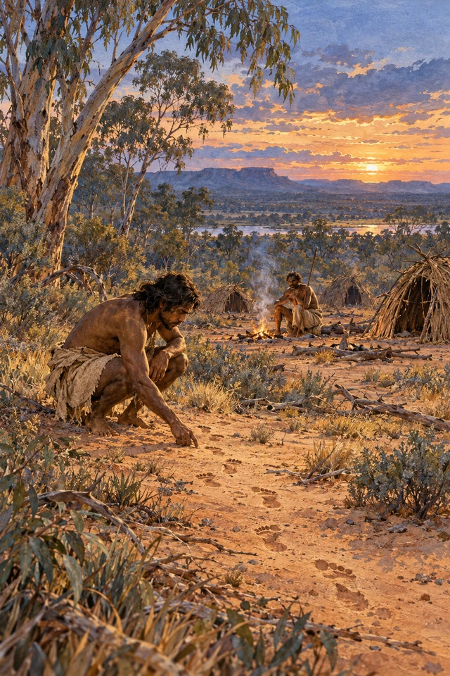 Mullyan examina las huellas que entran al campamento de Weedah entre refugios de hierba y fuegos sin habitantes.