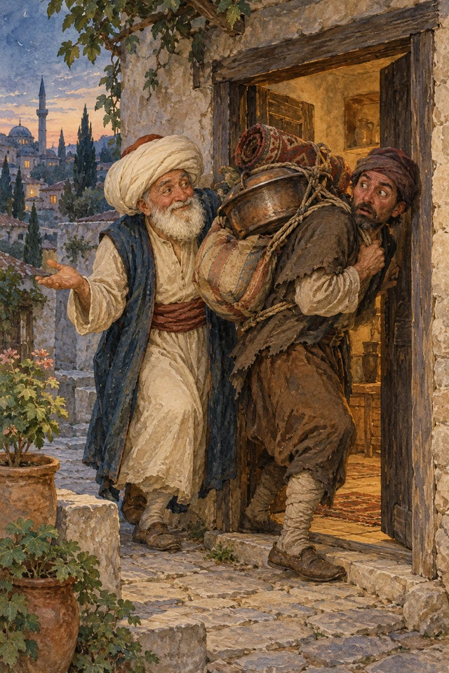 Nasrudín sigue al ladrón y sus pertenencias hasta la puerta de la casa del ladrón.