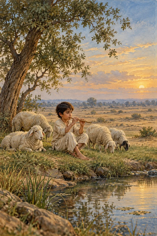 Un pequeño pastor toca la flauta junto a sus ovejas cerca de una laguna.
