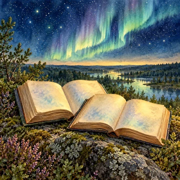 Ilustración simbólica: Dos libros abiertos bajo estrellas y una aurora, ante un paisaje bajo de bosques y agua.