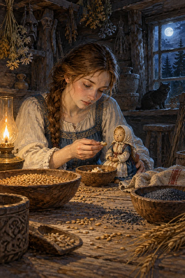Vasilisa comparte un poco de pan con su muñeca junto a los granos que debe separar.