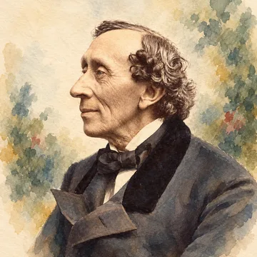 Retrato ilustrado de Hans Christian Andersen de perfil, con chaqueta oscura y cabello ondulado.