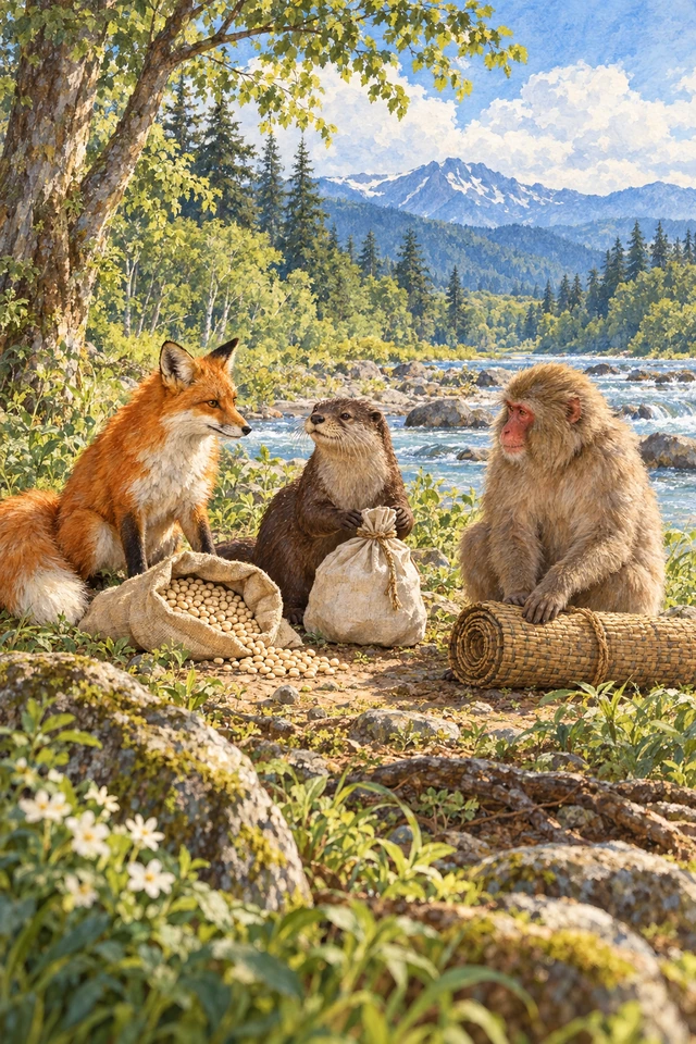 Un zorro, una nutria y un mono se reparten una bolsa de frijoles, una bolsa de sal y una estera.