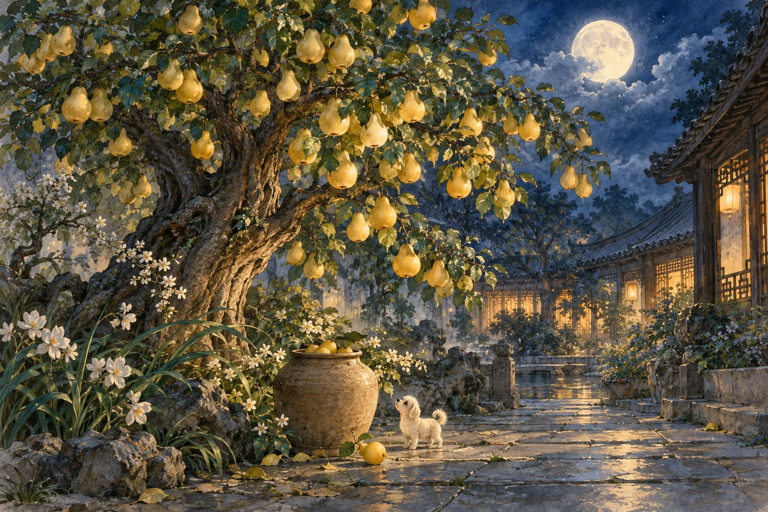 Un peral cargado de frutos, un perro diminuto y una vasija de barro en un patio iluminado por la luna.