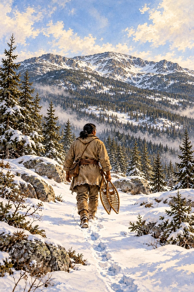 Un cazador lleva sus raquetas mientras sigue unas huellas hasta la pared de roca del monte Katahdin.