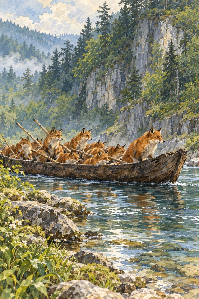 Una embarcación de tronco ahuecado, llena de zorros y con pértigas de madera, se acerca a la orilla del río.