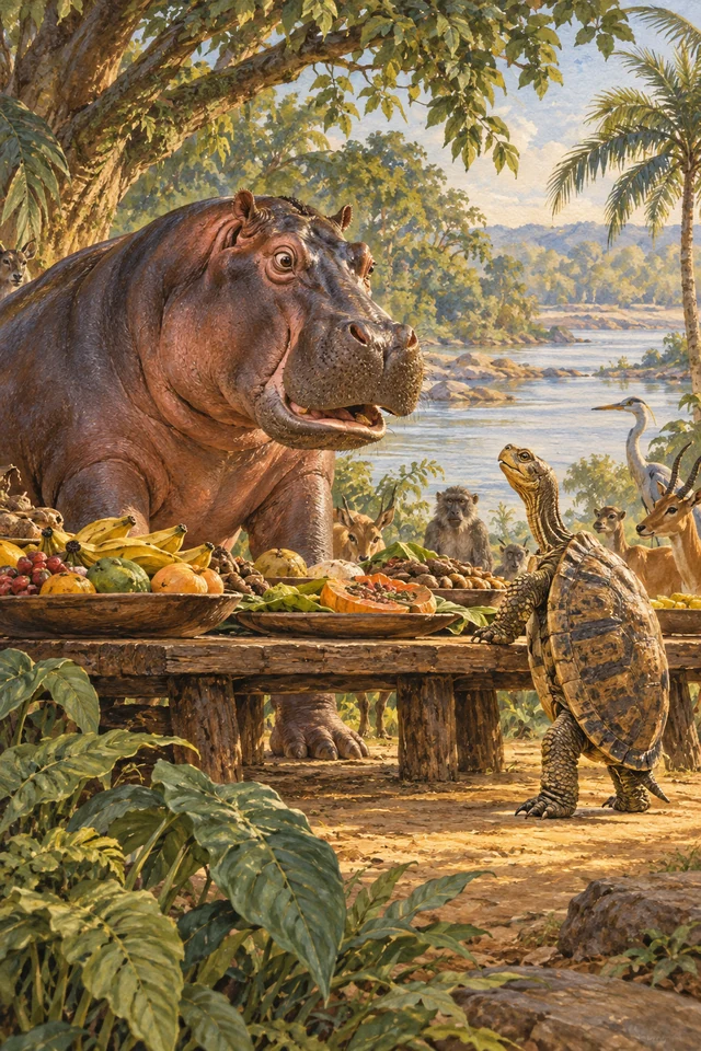 Una tortuga alza la cabeza ante Isantim, sorprendido junto a la mesa de su banquete.