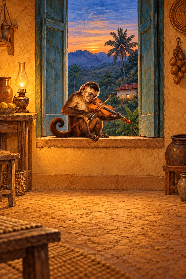 El mono toca la rabeca desde la ventana, con la cola recogida sobre el alféizar.
