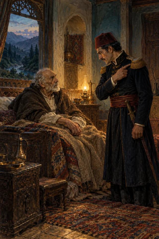 El bajá señala sus charreteras ante su padre, que lo observa desde una silla.