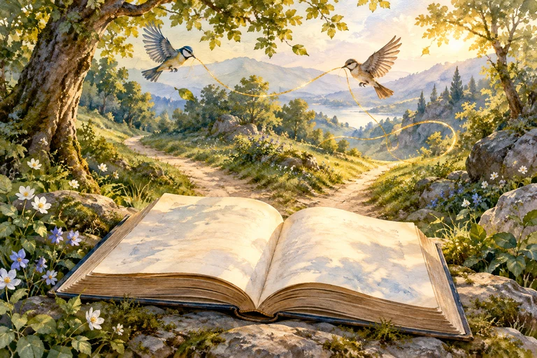 Un libro abierto entre un bosque y varios caminos, con dos pájaros y una hebra dorada.