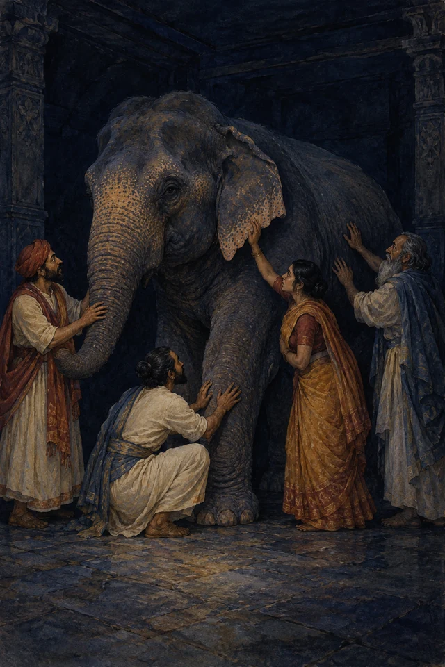 Cuatro personas tocan diferentes partes de un elefante en una habitación oscura.
