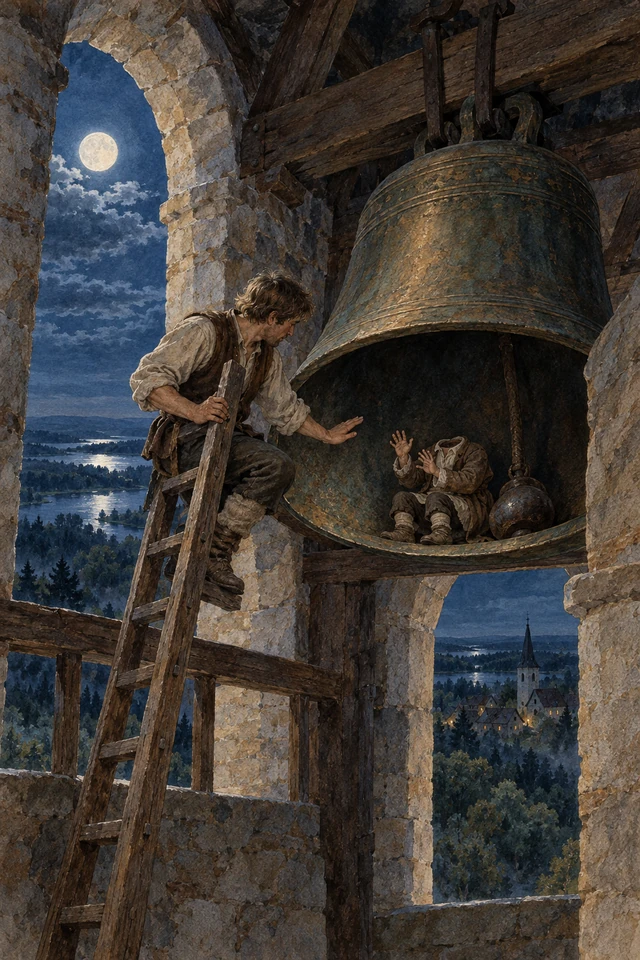 Hans se detiene junto a la campana y perdona al pequeño ser sin cabeza que estaba escondido dentro.