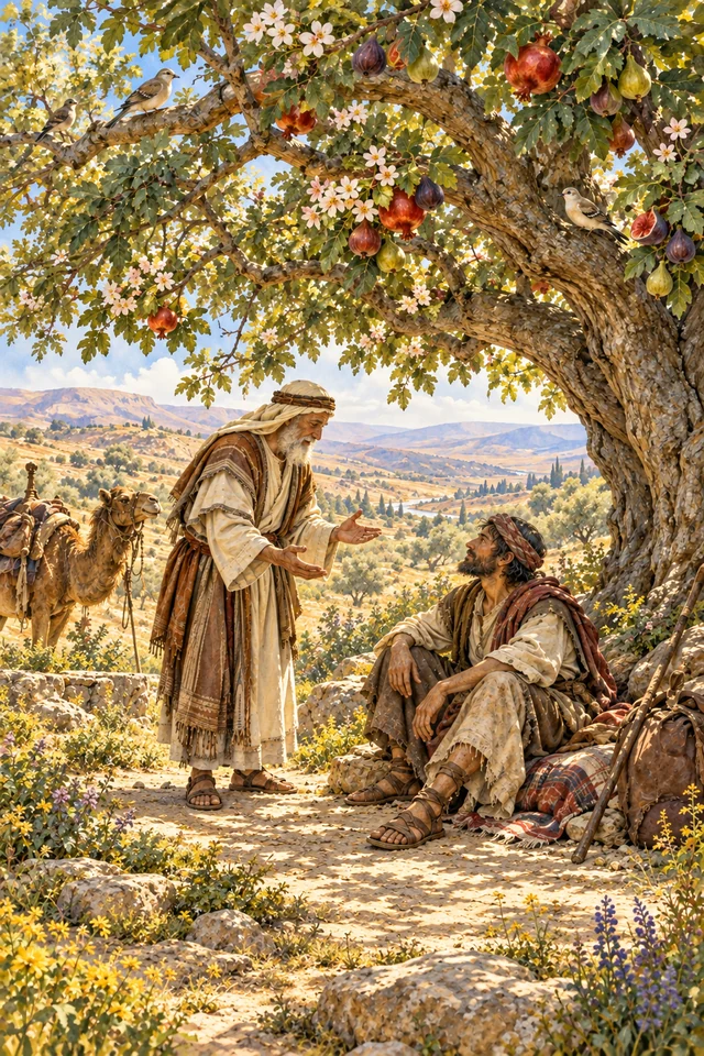 Abraham conversa con un viajero a la sombra de un árbol lleno de flores, frutos y pájaros.