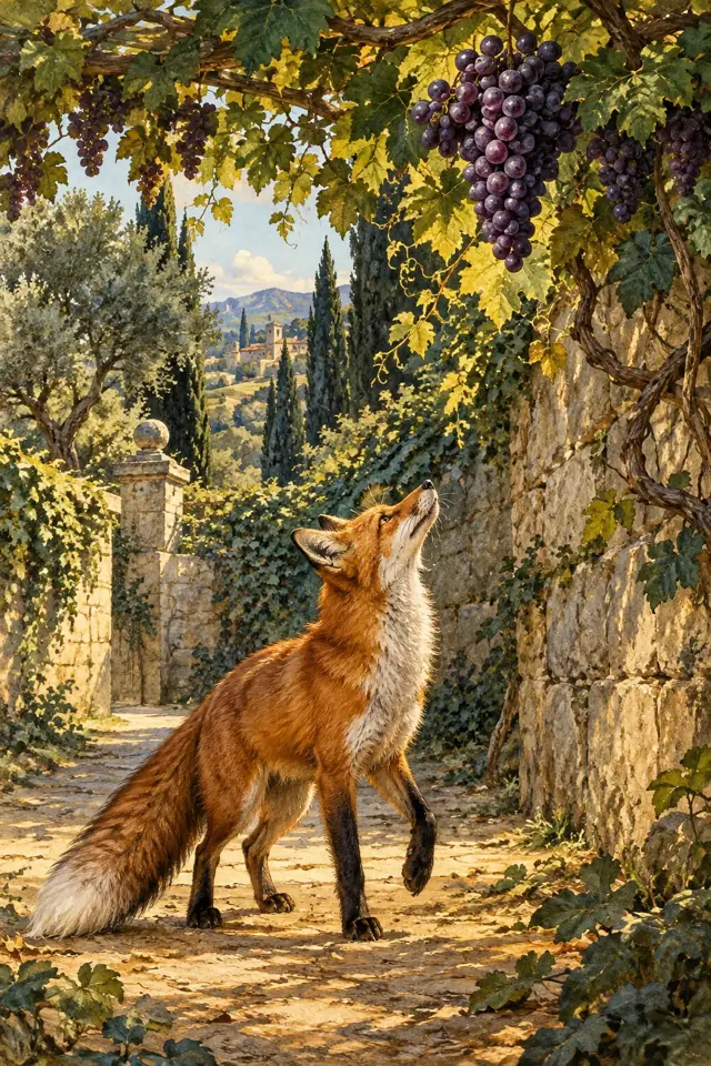 Una zorra mira un racimo de uvas que cuelga fuera de su alcance.