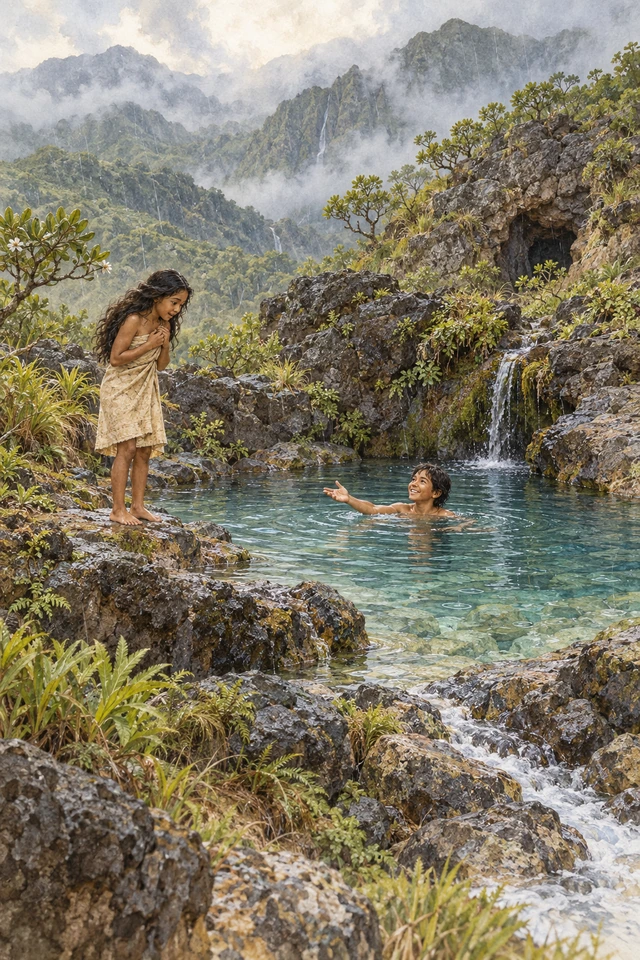Kauawaahila nada en el nuevo manantial de Punahou y llama a su hermana desde el agua.