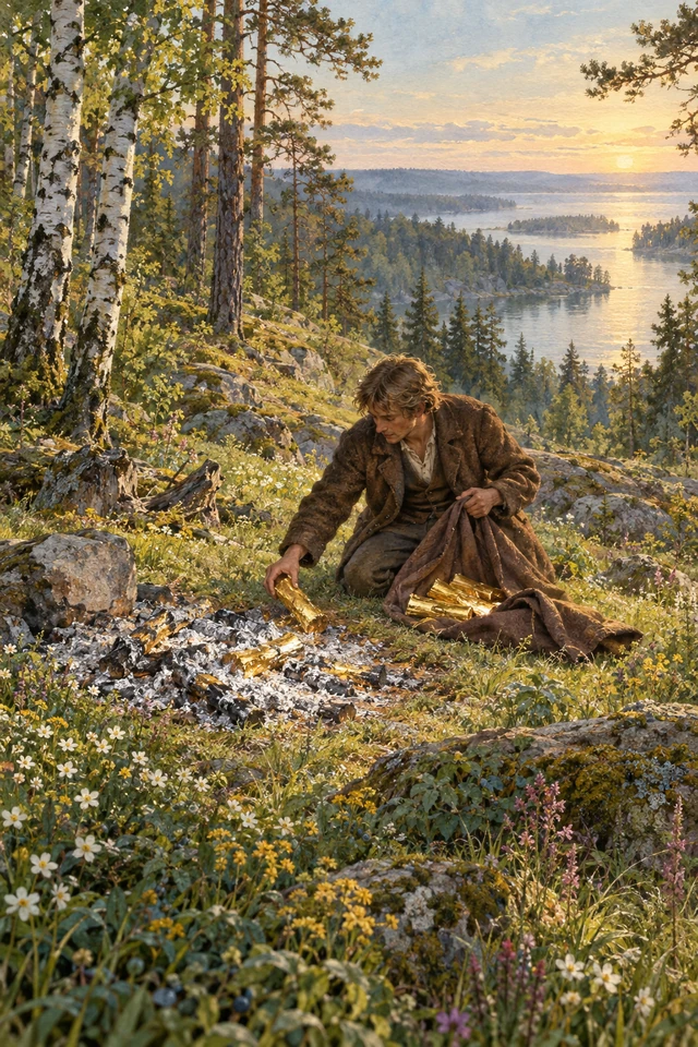 Hans descubre leños de oro y cenizas de plata en los restos de una fogata del bosque.
