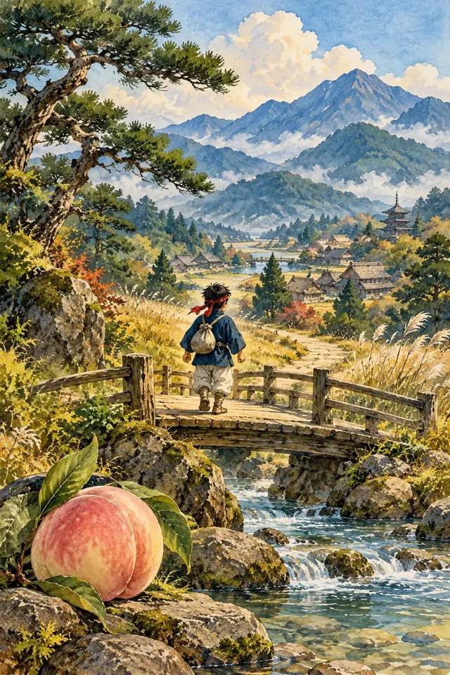 Momotaro cruza un puente hacia una aldea japonesa, con un durazno junto al arroyo.