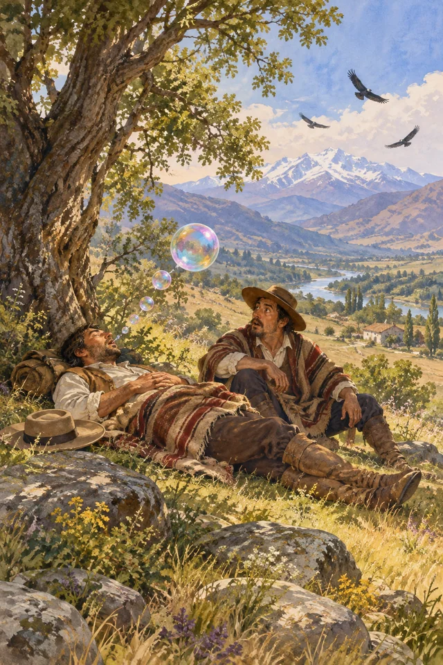 Un viajero despierto contempla un globo de colores que sale de la boca de su compañero dormido.