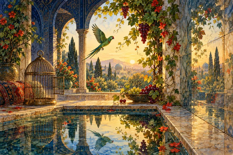 Un loro vuela junto a una jaula abierta, una fuente y un racimo de uvas en un jardín de reflejos.