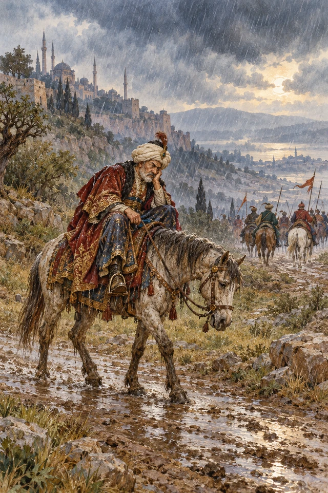 El bey empapado avanza bajo la lluvia sobre un caballo muy lento.