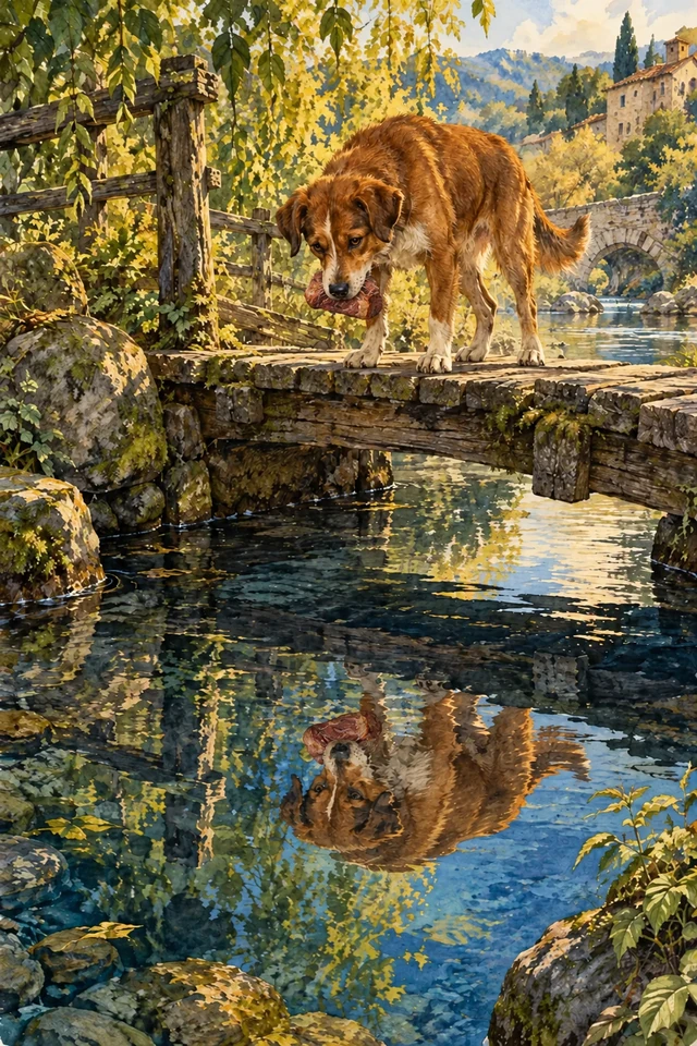 Un perro con un trozo de carne mira su reflejo desde un puente.