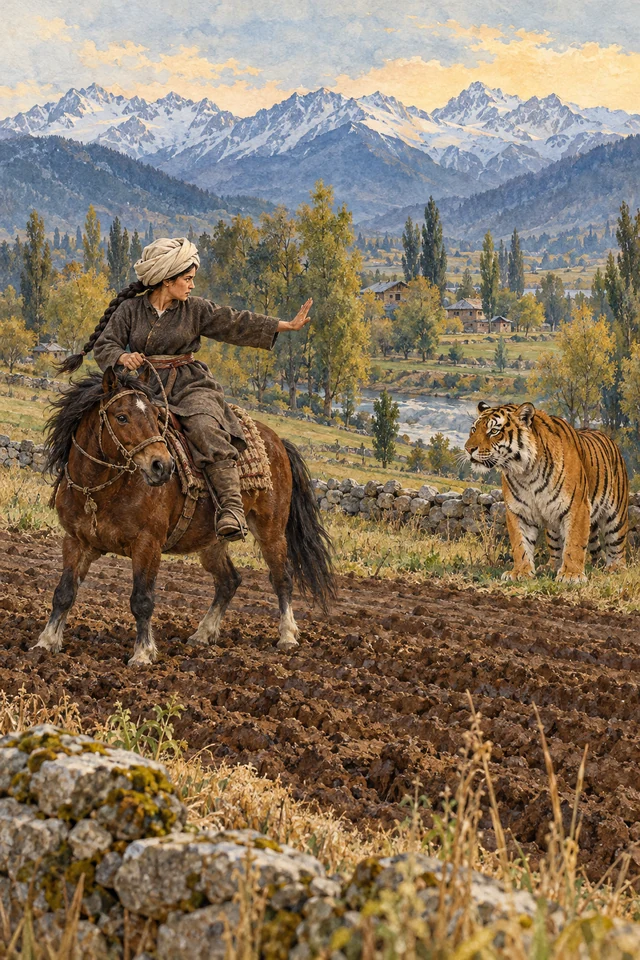 La esposa del campesino, con turbante y trenza, enfrenta a un tigre montada en un poni.