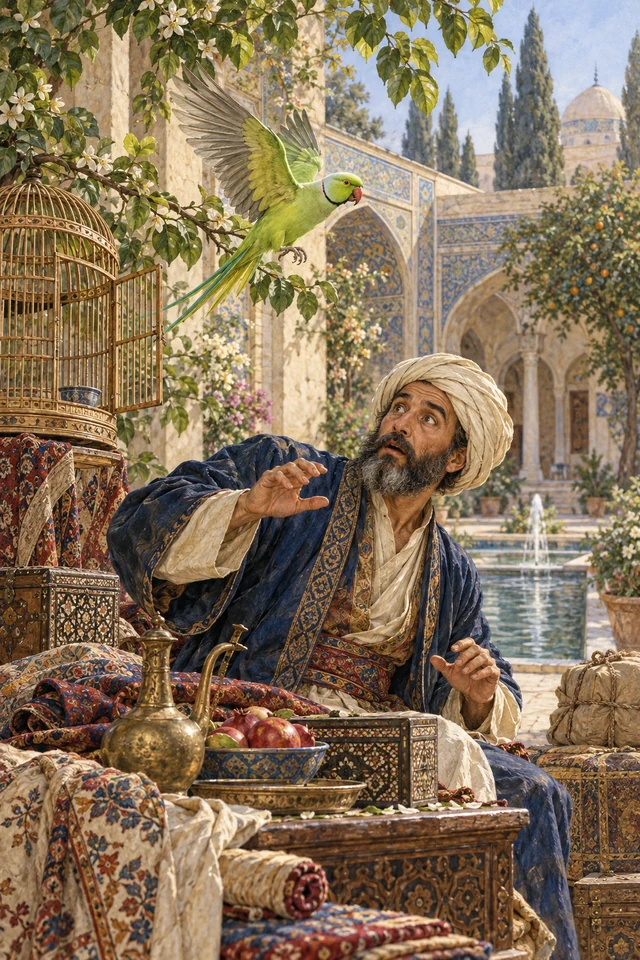 Un loro verde sale de su jaula abierta y despliega las alas ante un mercader sorprendido.