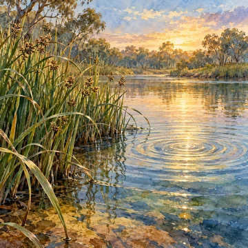 Imagen simbólica: Juncos junto al río y una onda que se expande en agua iluminada.