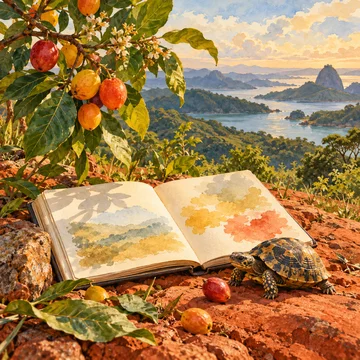 Un libro abierto y una tortuga pequeña sobre tierra rojiza, debajo de una rama con frutos.