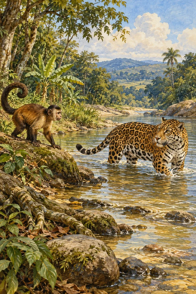 El mono espera en la orilla mientras la yaguareté cruza el arroyo delante de él.