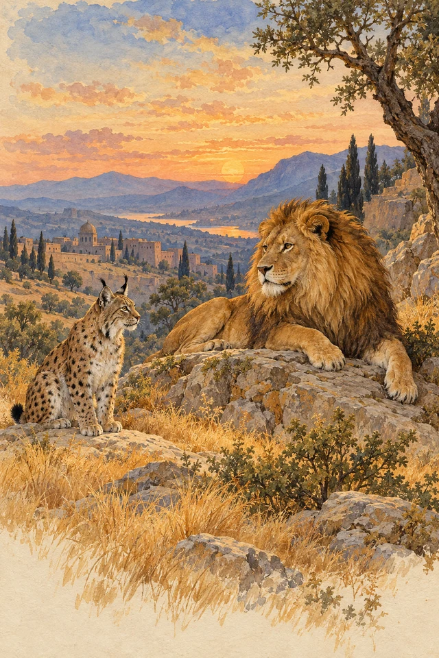 Un lince observa a un león desde una prudente distancia entre rocas y hierba seca.
