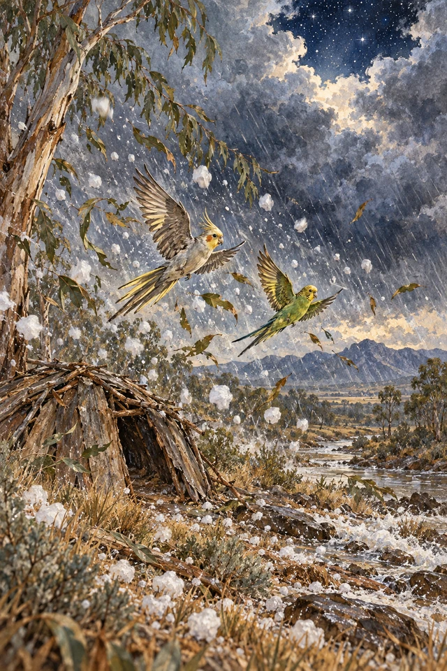 Quarrian y Gidgereegah, convertidos en aves, vuelan entre el granizo junto al refugio cerrado.
