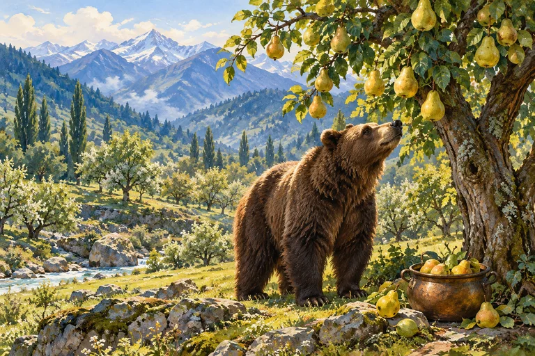 Un oso junto a un peral cargado de fruta y una olla de bronce con peras, ante las montañas.
