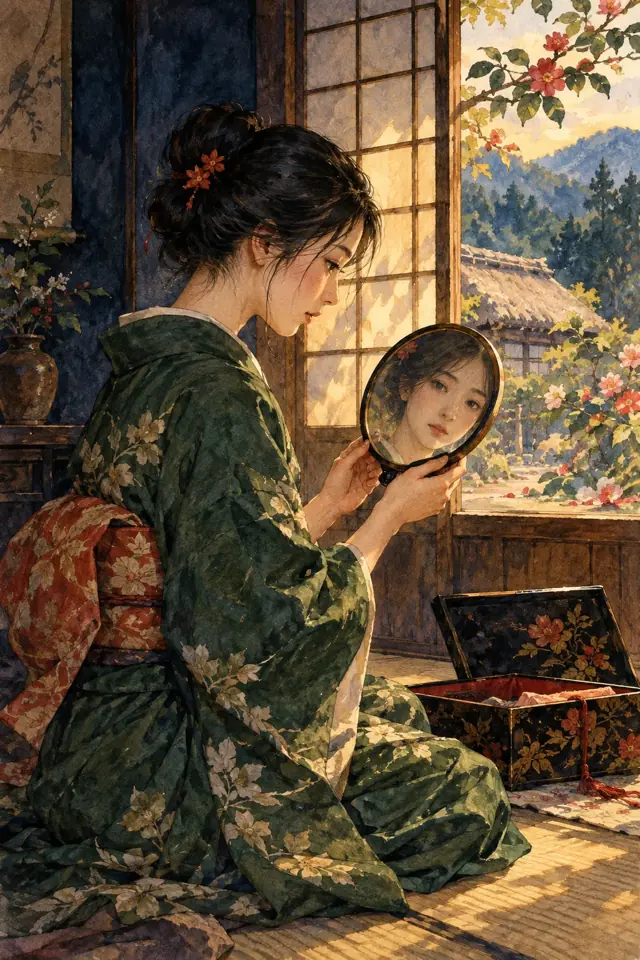 Una joven japonesa contempla su reflejo en un pequeño espejo familiar.
