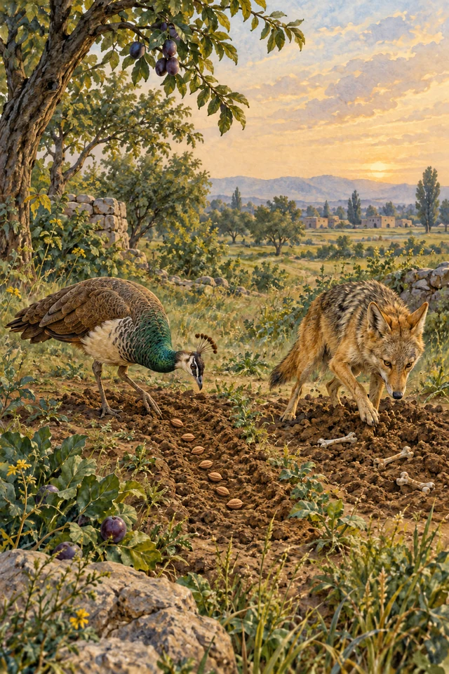 Una pava real planta huesos de ciruela mientras un chacal cava junto a unos huesos de cabrito.