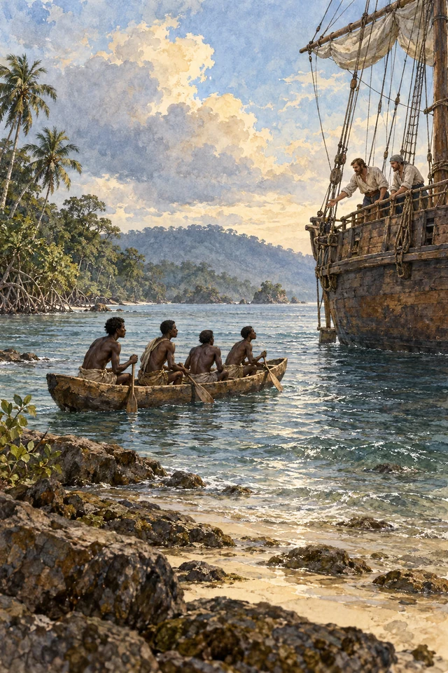 Cuatro jóvenes se acercan en una canoa de okumé al barco anclado frente a Corisco.