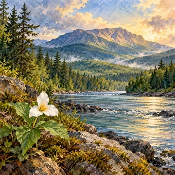 Imagen simbólica: La silueta paisajística de una montaña sobre un río y una pequeña flor en primer plano.